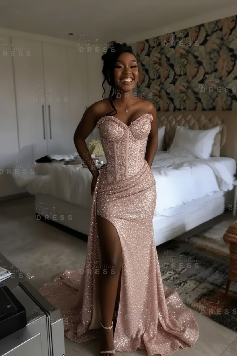 Sexy Orange Mermaid Prom Dress with Sequins High Split Strapless Long Party Dress