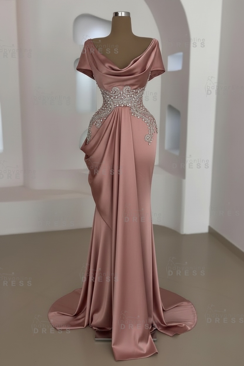 Short sleeves Mermaid Round neck Gray Prom Dresses