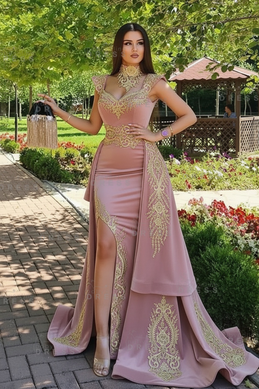 Dark Green Velvet Mermaid Evening Dress with Gold Lace appliques