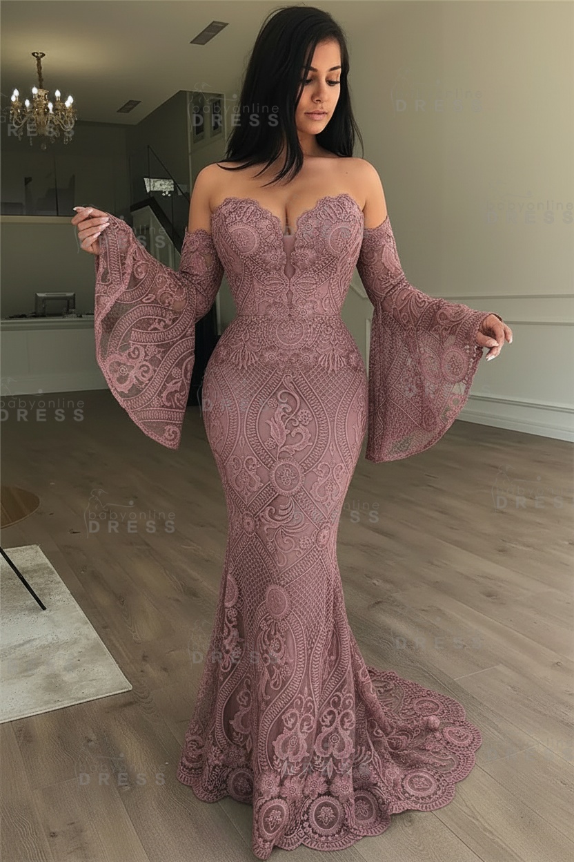 Off-the-Shoulder Long Sleeves Lace Floor-Length Mermaid Evening Dress