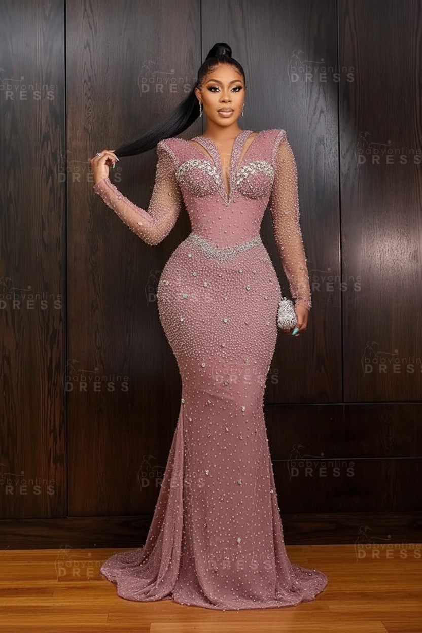 Green V-Neck Beadings Long Sleeves Floor-Length Mermaid Prom Dress