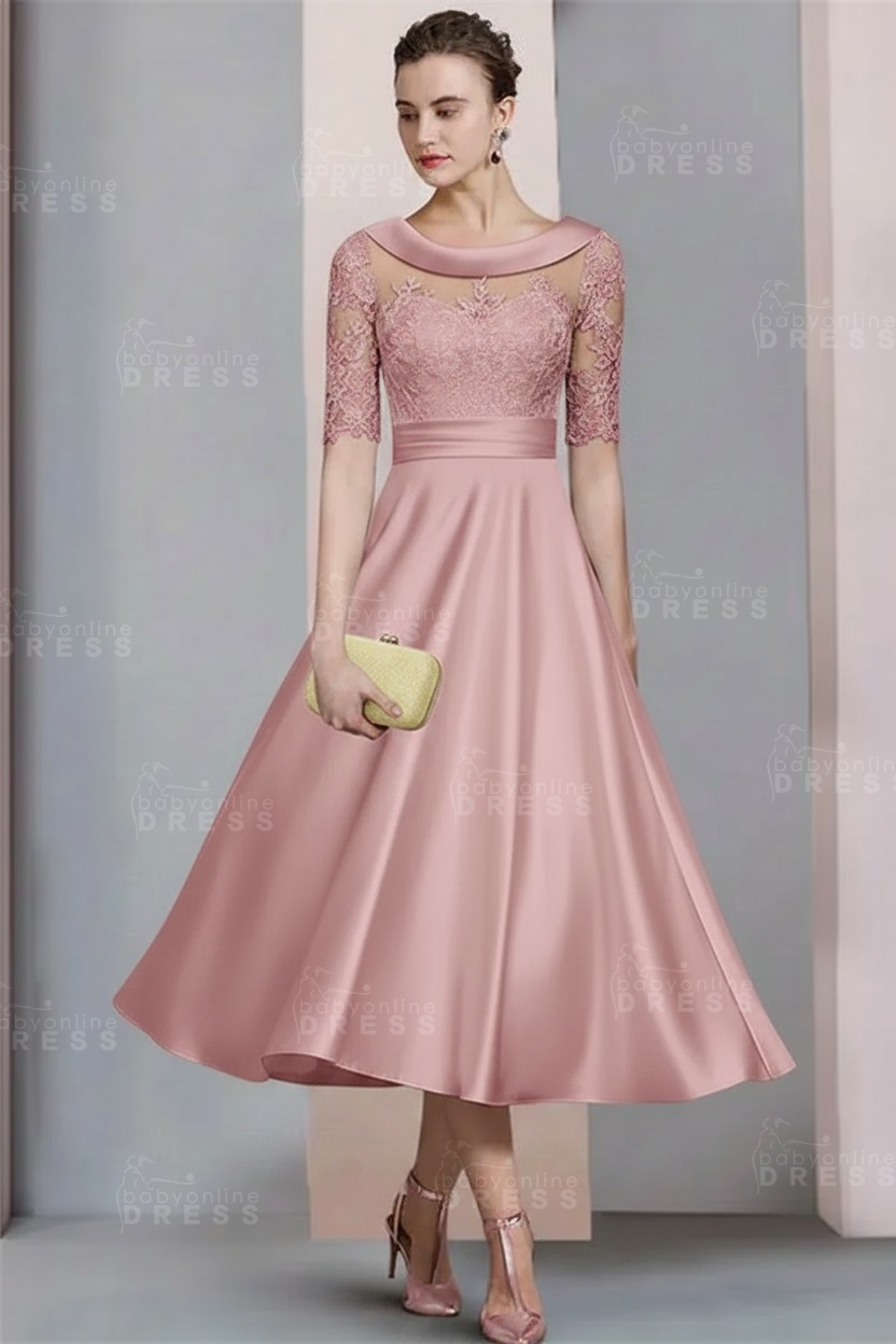 Elegant Ivory Jewel Lace Beading A-Line Tea Length Satin Wedding Guest Dress Formal Mother Dress