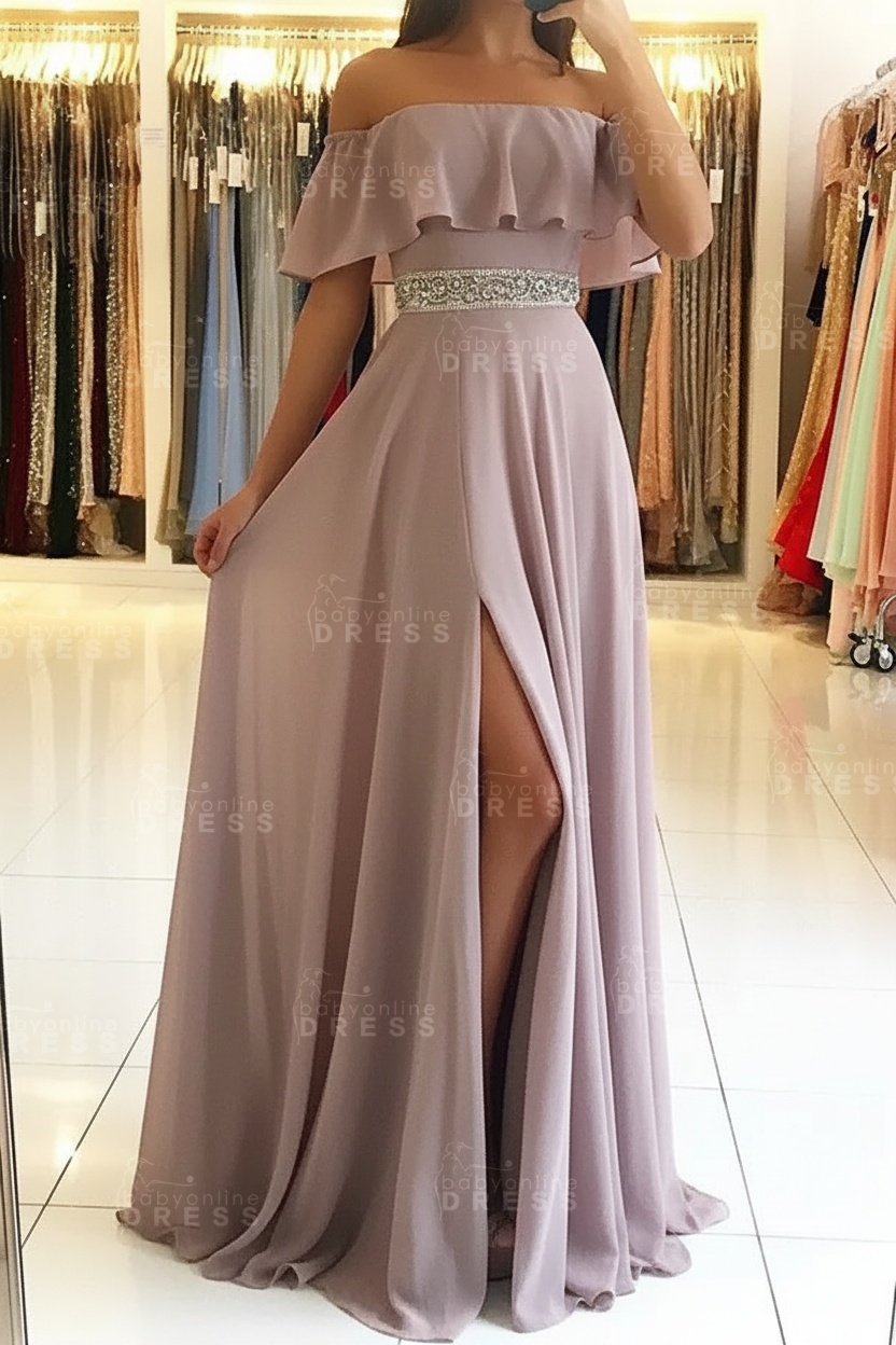 Sky Blue Off The Shoulder Evening Dresses Sexy | Chiffon Side Slit Prom Dress with Crystals Belt