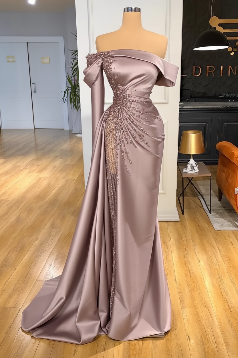Off-the-Shoulder Satin Floor Length Prom Dress with Side Slit