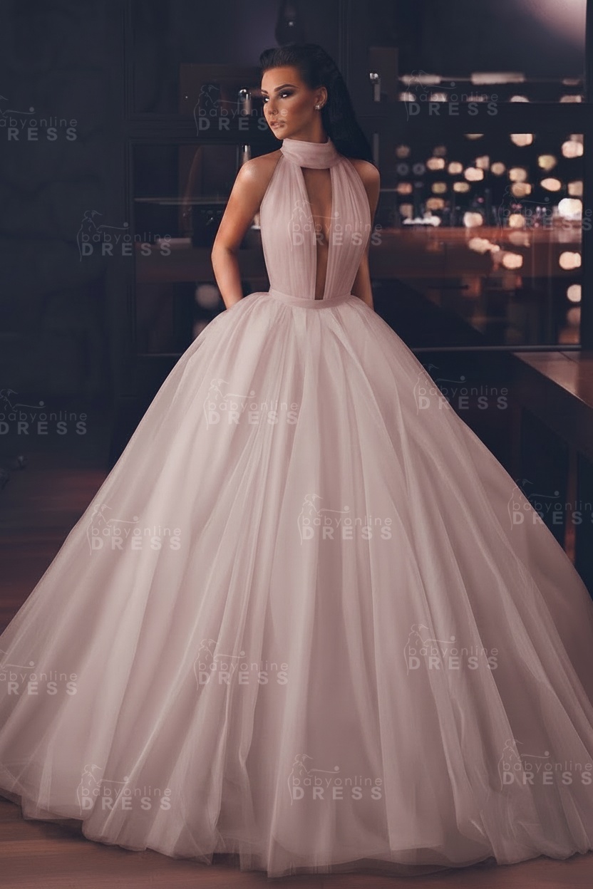 Sexy High-Neck Sleeveless Ball Gown Evening Dress with Pockets