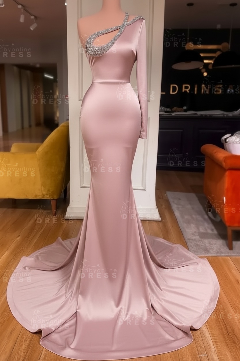 Long sleeves Beaded neckline Black Mermaid Prom Dresses