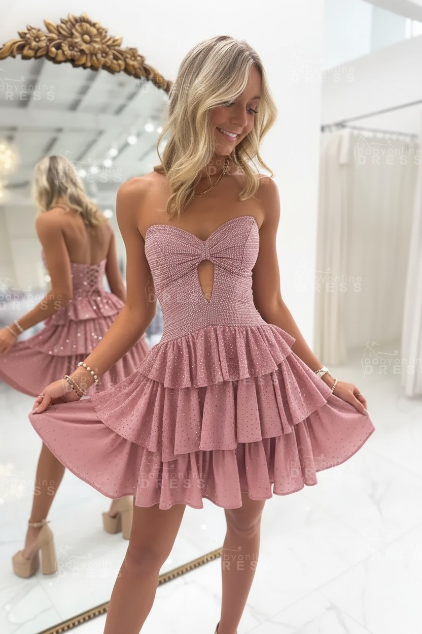 Black Sweetheart Rhinestone Bow Cutout A-Line Tiered Mini Homecoming Dress