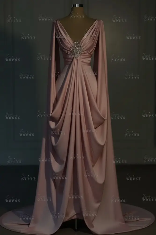 Long sleeves V-neck Satin Ruffles Mermaid Prom Dresses Floor-Length