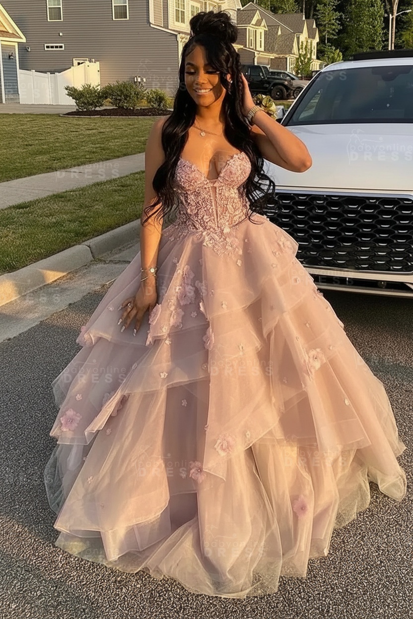 Sleeveless V-Neck Tulle Aline Prom Dress Floral Tiered Ruffles Corset Evening Dress