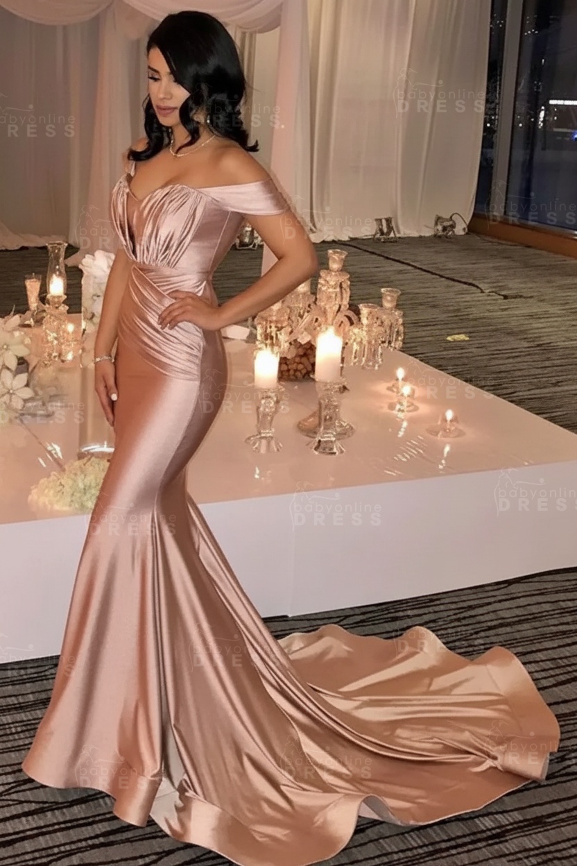 Off The Shoulder Champagne Gold Sexy Prom Dresses Mermaid Lates Popular Evening Gown