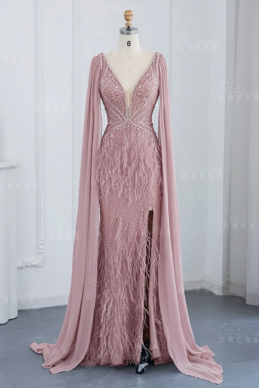 Glamorous V-Neck Fur Beadings Front Slit Mermaid Evening Gowns with Tulle with Cape Sleeves Wedding Party Dress