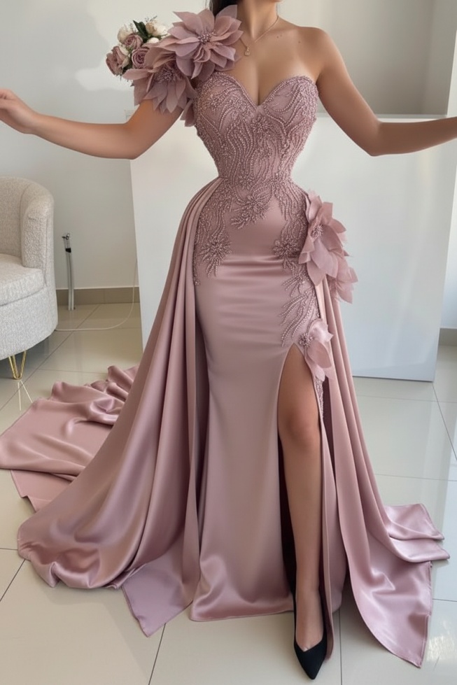 Flowers One shoulder Mermaid Long Prom Dresses with High Split