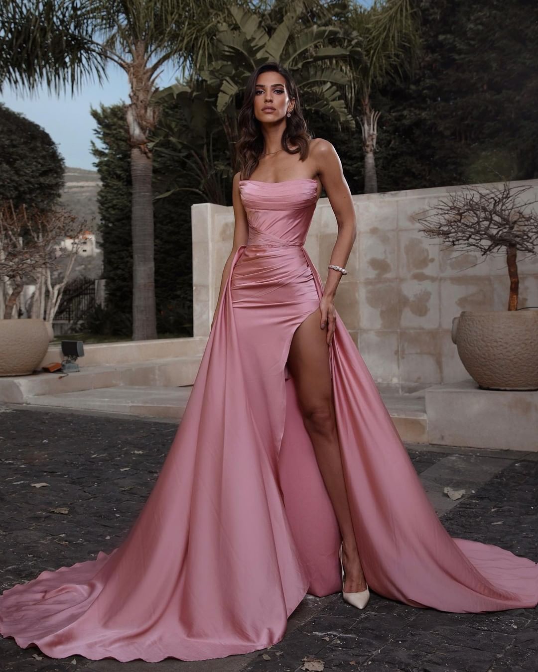Dusty Pink A-line High Split A-line Prom Dresses