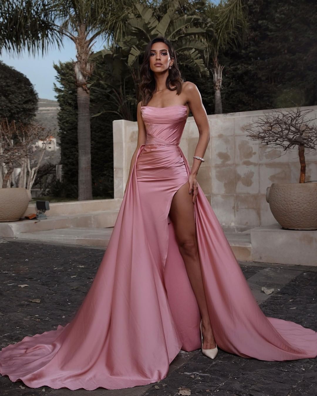 Dusty Pink A-line High Split A-line Prom Dresses
