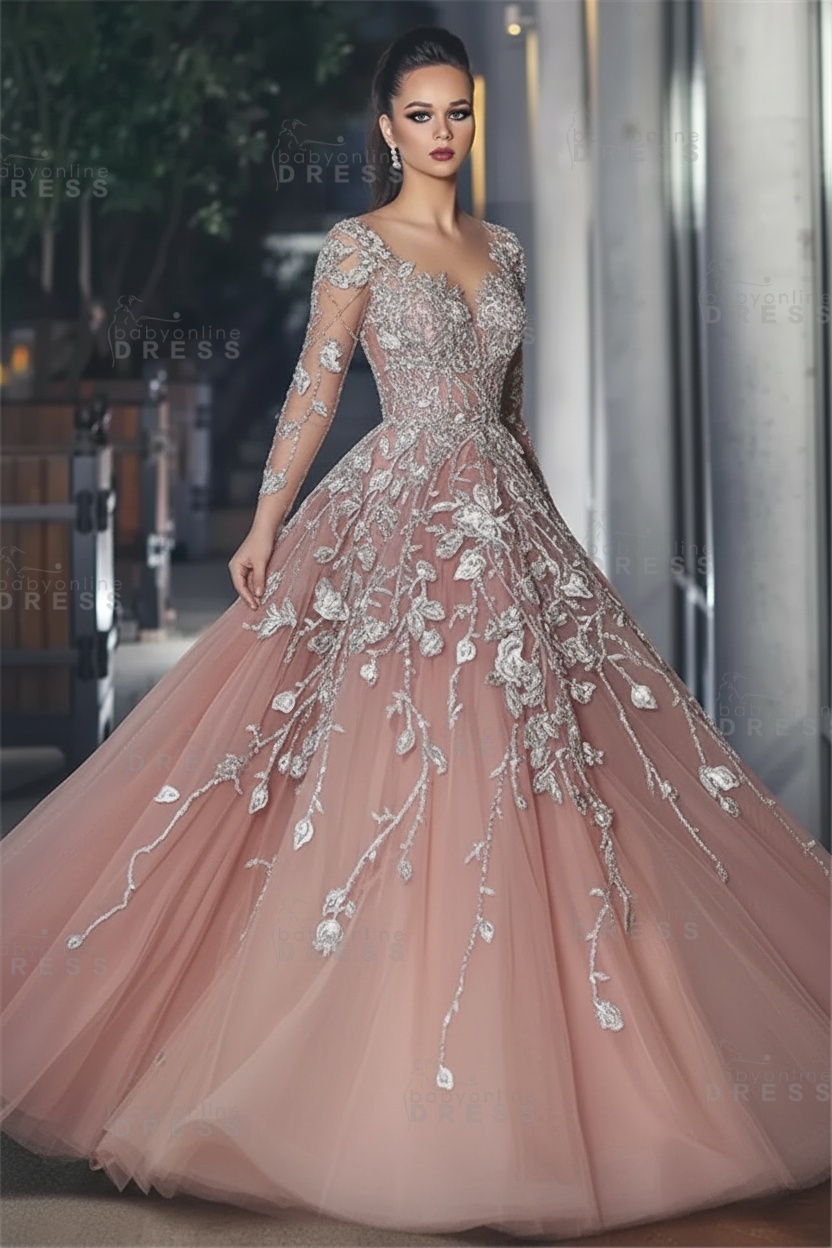 Stunning Illusion Long Sleeve Sexy Evening Gowns | A-line Lace Appliques Tulle Prom Dress