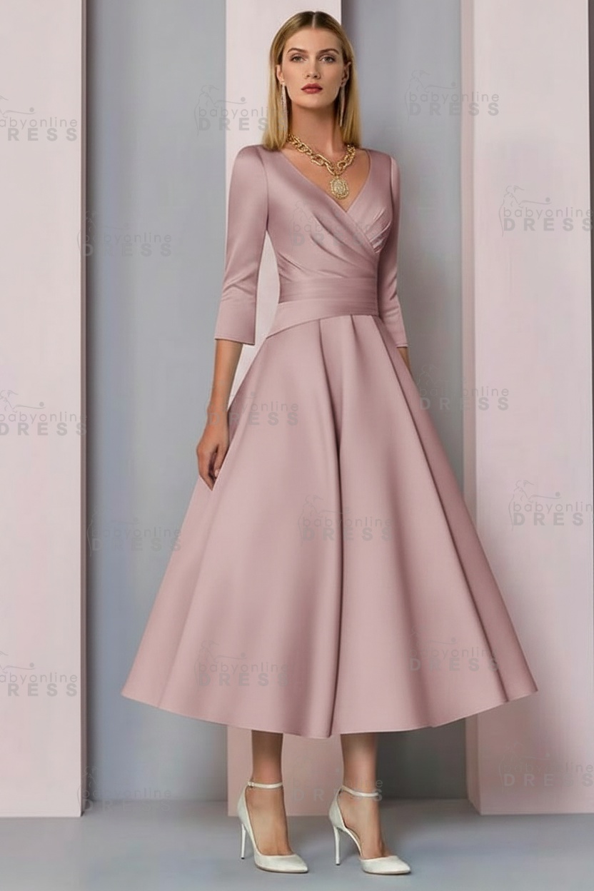 Half Sleeves White Ankle Length Mother of the Bride Dress V-Neck Satin Wedding Guest Dress