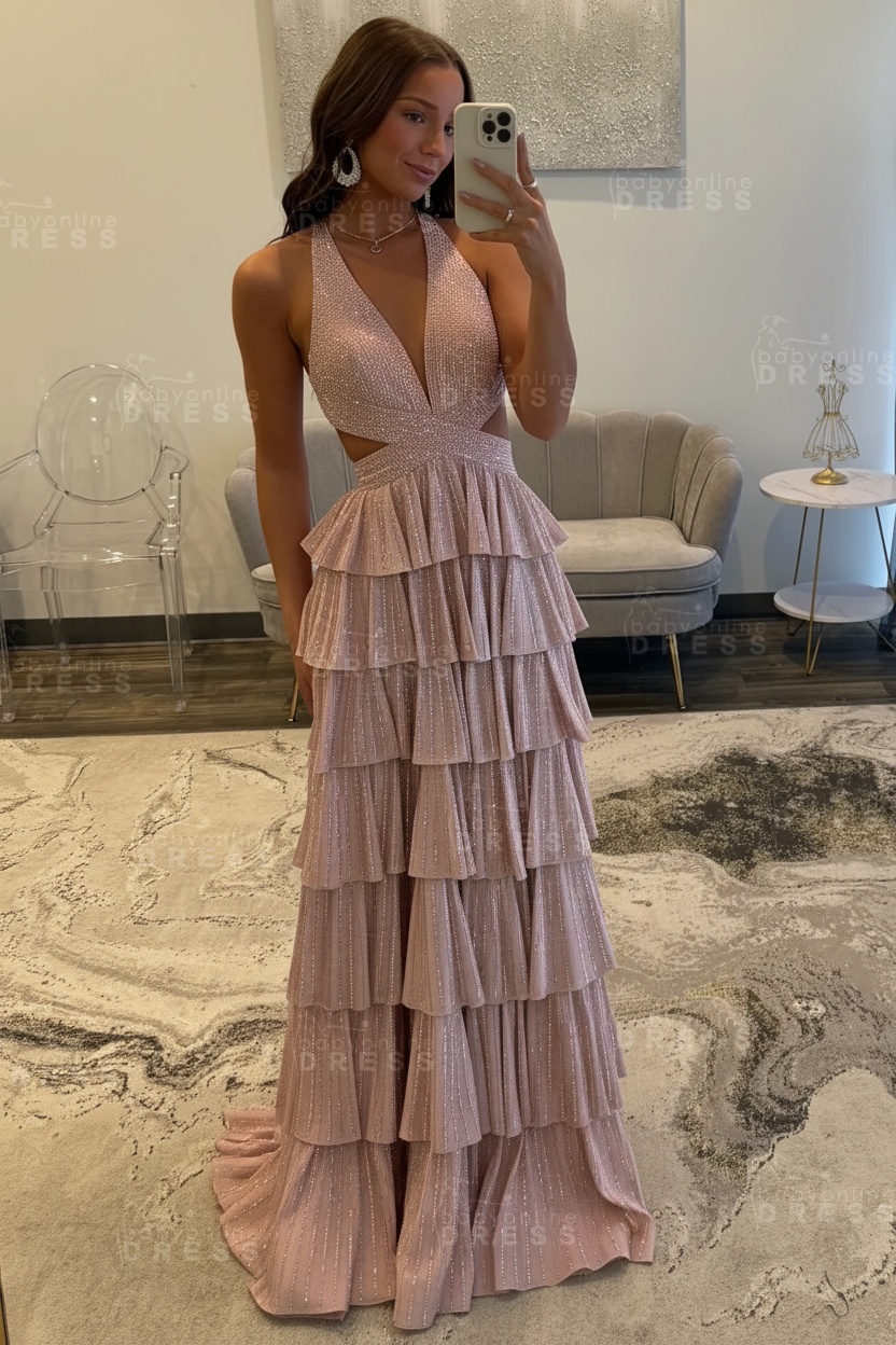 Halter Aline Prom Dress Sequined V-Neck High Split Evening Dress Long