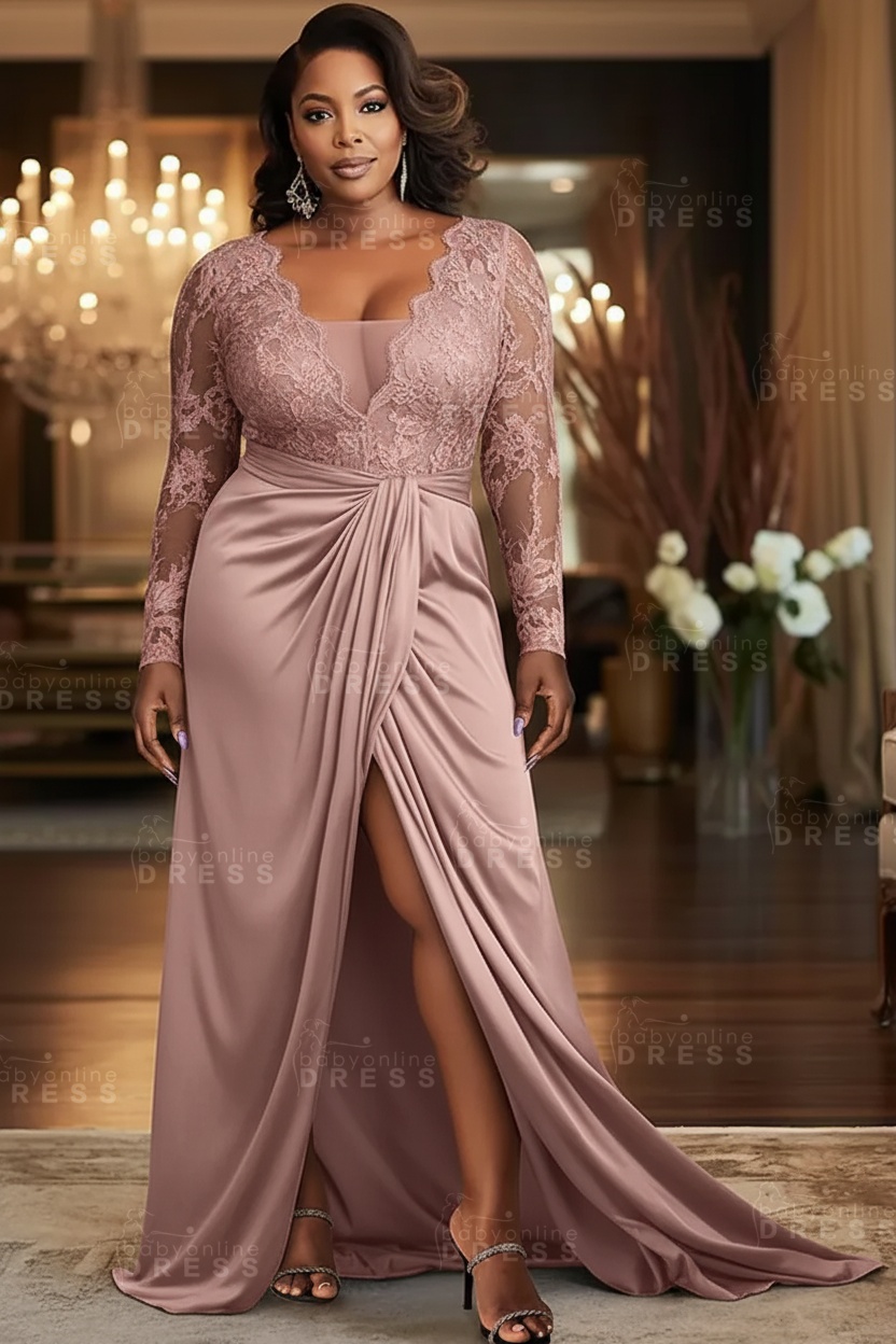 V-neck Appliques Lace Long Sleeve A-Line Prom Dresses with Slit