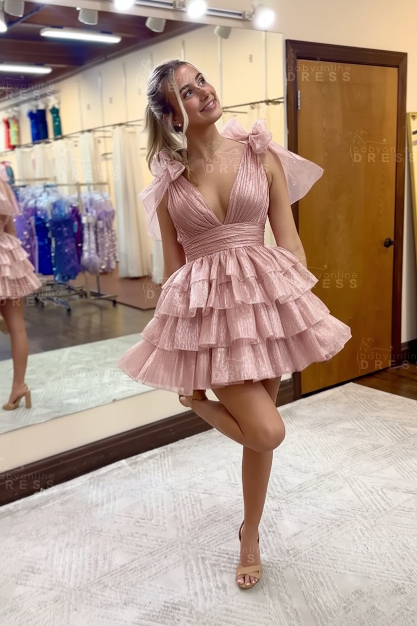 Fuchsia V-Neck Straps Ruffled A-Line Short Homecoming Dress