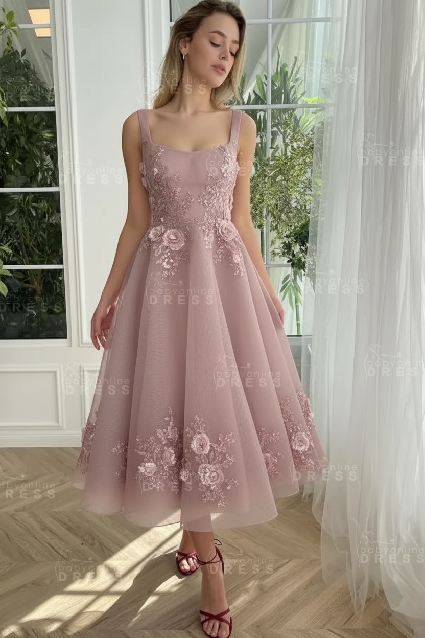 Burgundy Ankle length square neck Homecoming Dress Tulle Aline Formal Dress