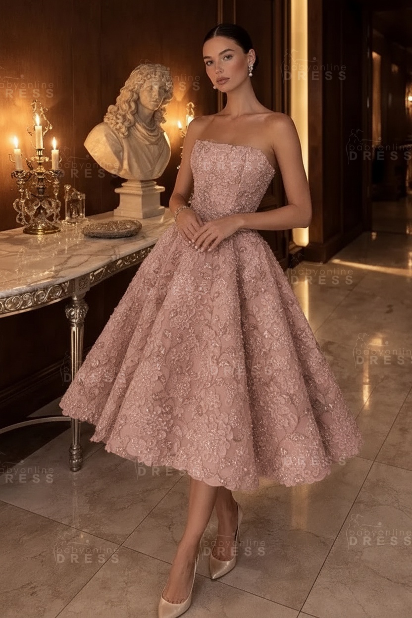 Strapless Yellow Floral A-Line Tea Length Prom Dress with Beadings