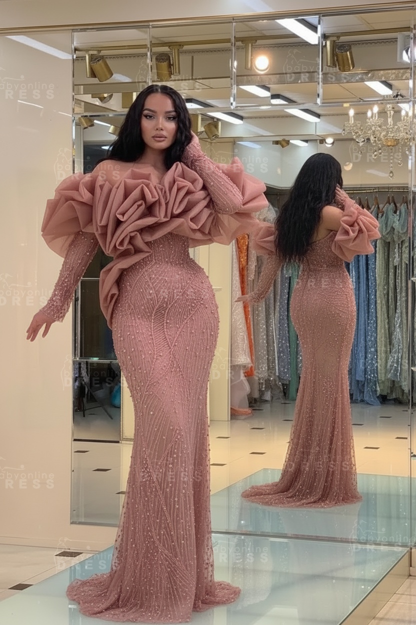 Bubble Sleeves Long Mermaid Prom Dress with Sequins and Beadings