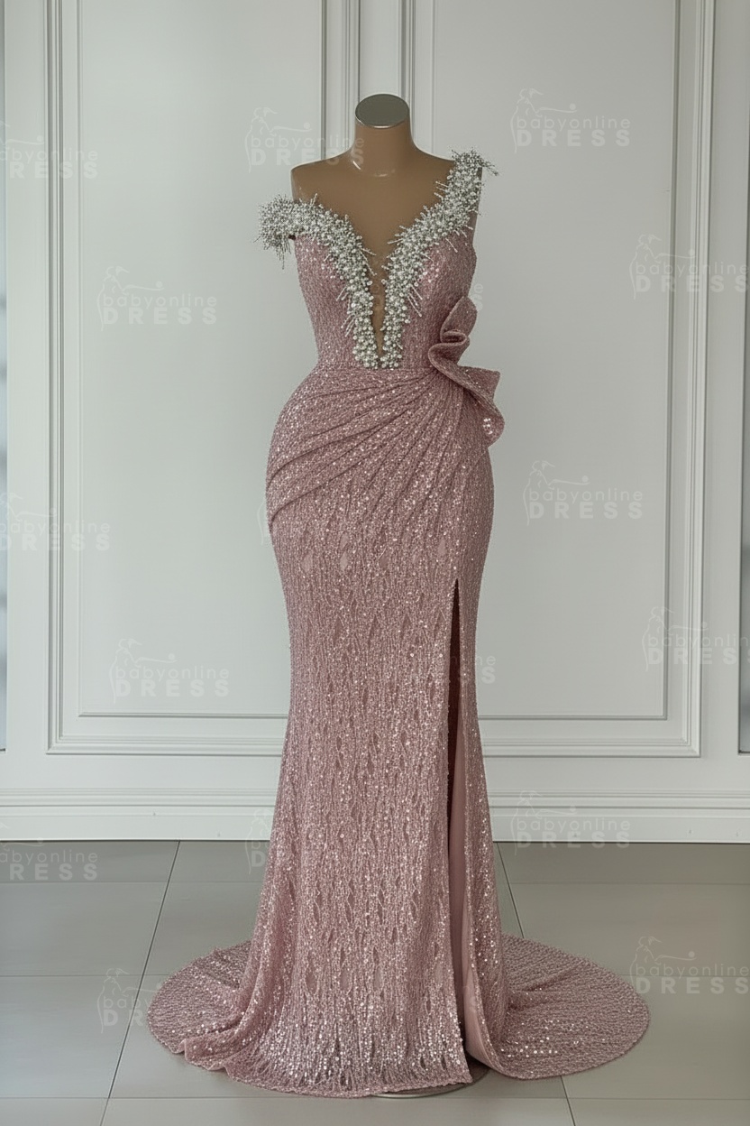 One Shoulder Sequins Sleeveless Long Mermaid Prom Dress