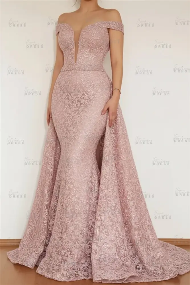 Burgundy Glamorous Mermaid Off The Shoulder Lace Appliques Prom Dress With Detachable Skirt
