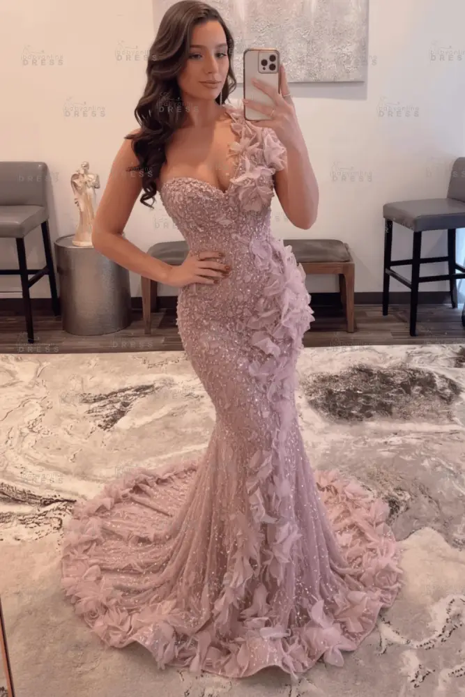 Luxury One Shoulder Sequins Mermaid Prom Dress with Beadings Evening Gown Appliques