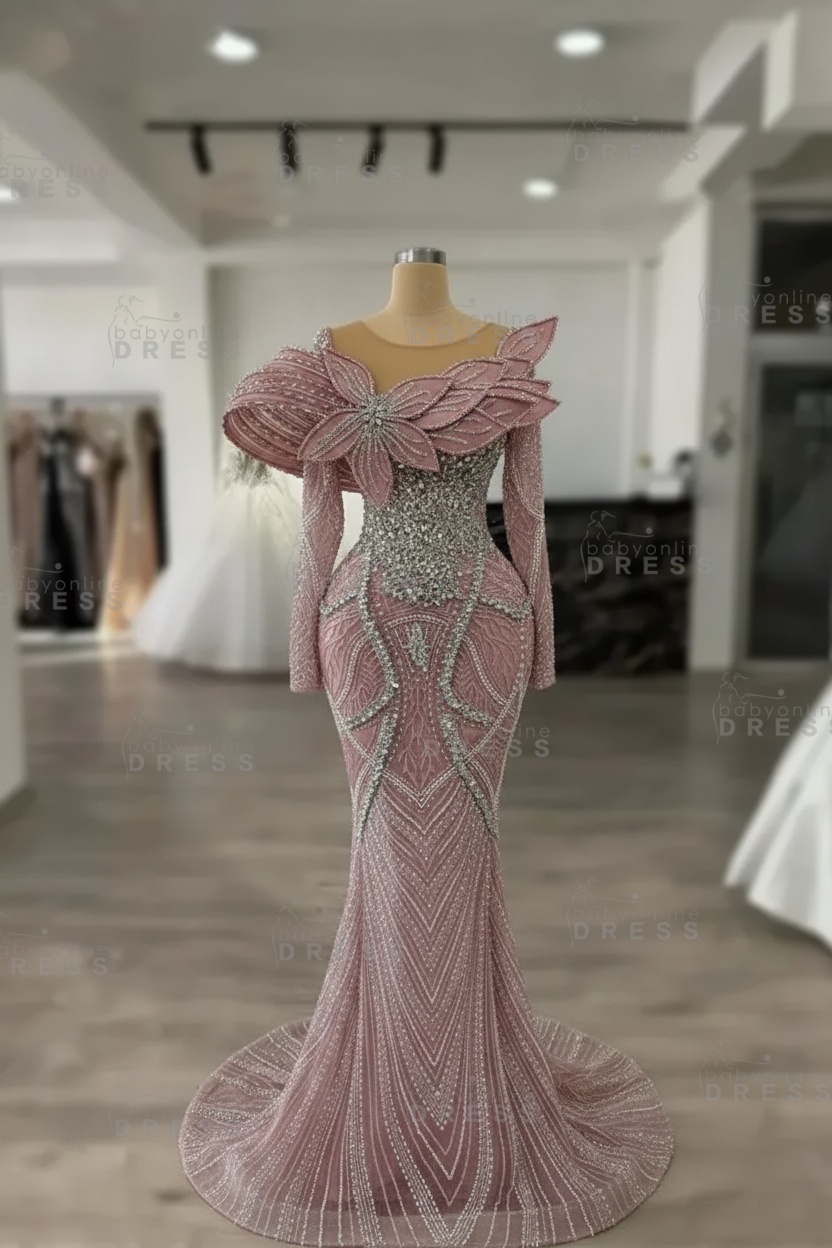 Luxury Crystals Long Sleeves Floor-Length Mermaid Prom Dress with Flowers 
