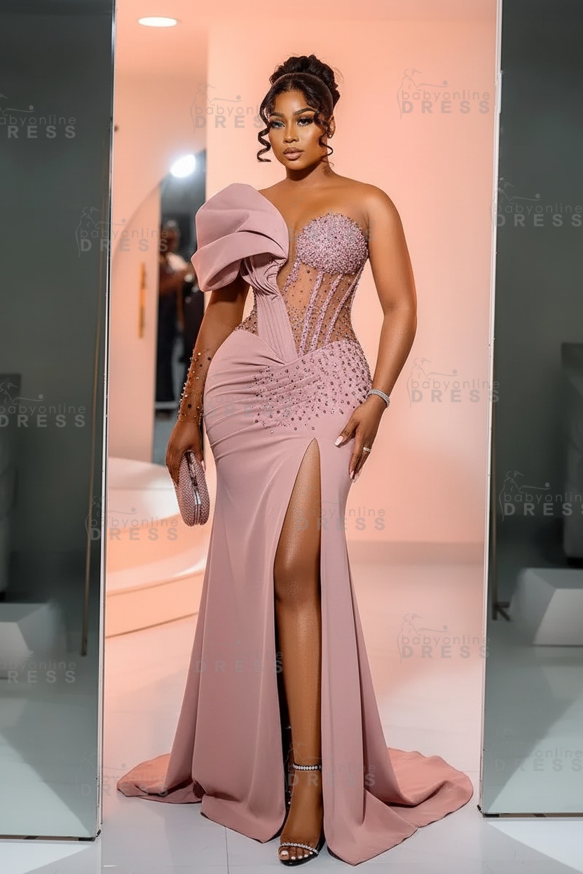 One-Shoulder Long Sleeves Corset Beadings Mermaid Prom Dress with High Split