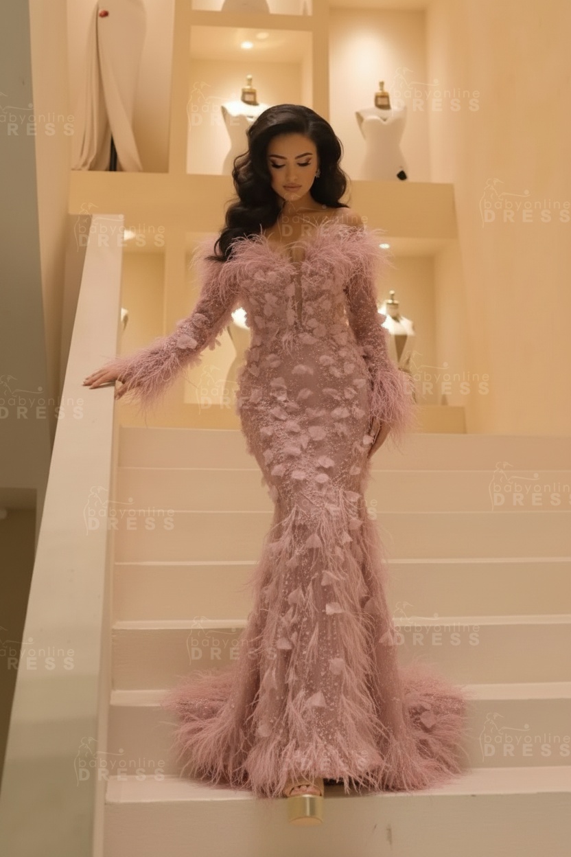 V-neck Long Sleeves Mermaid Evening Dresses Floor Length with Flowers