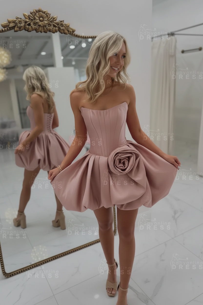 Strapless Satin Corset Short A-Line Homecoming Dress with Flowers