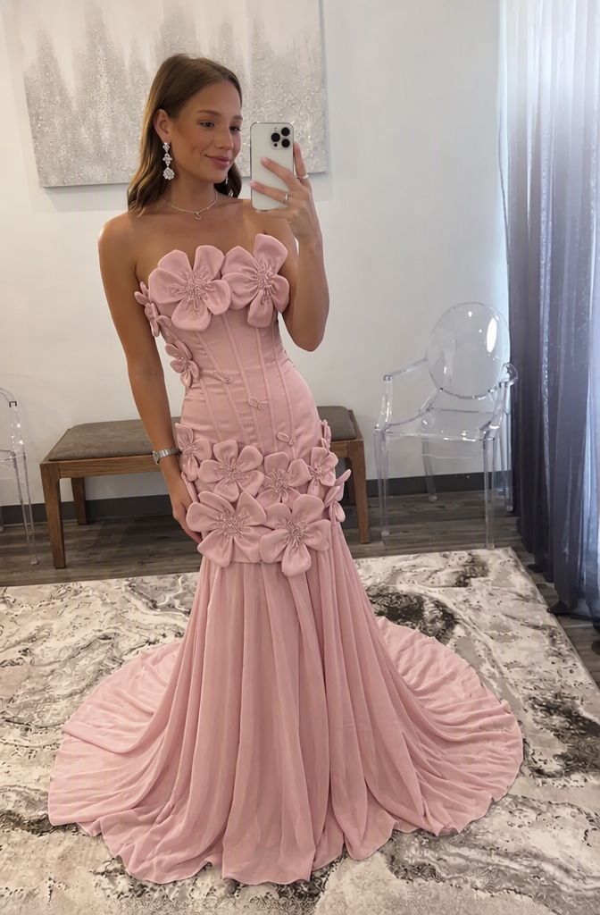 Dusty Pink Satin Bodycon Prom Dress with 3D Floral Appliques