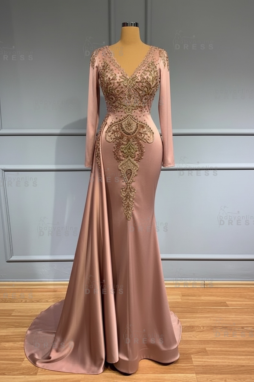 Glamorous V-Neck Long Sleeves Mermaid Prom Dress with Crystals
