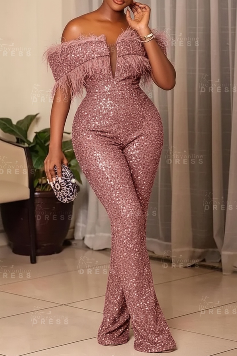 Plus Size Off Shoulder Sequin Women Jumpsuit Black Long Party Jumpsuits