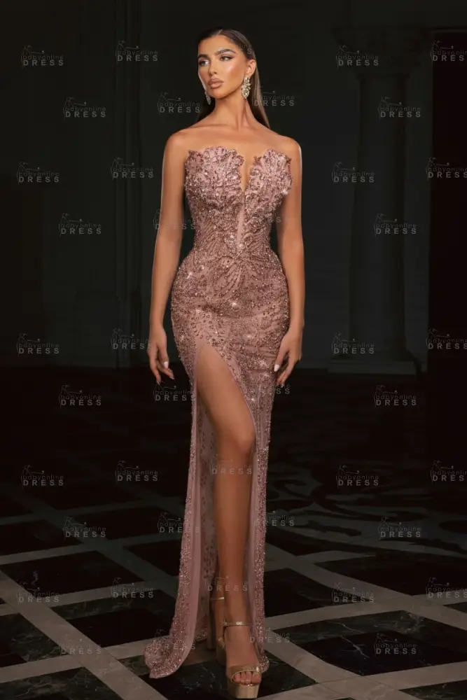 Gold Strapless Sequins Beading Split Front Column Prom Dresses