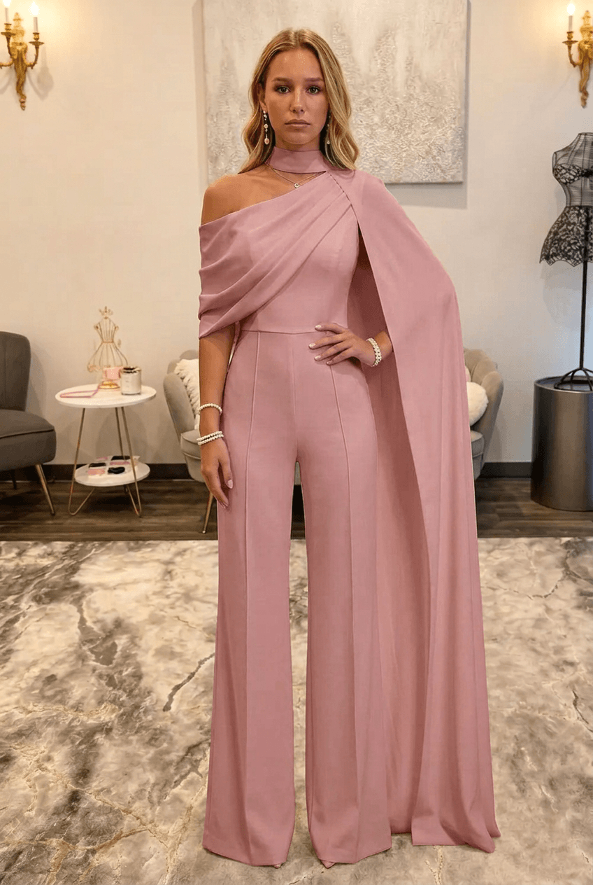 Dusty Rose Asymmetric Neck One-Shoulder Bridal Formal Jumpsuit with Sash