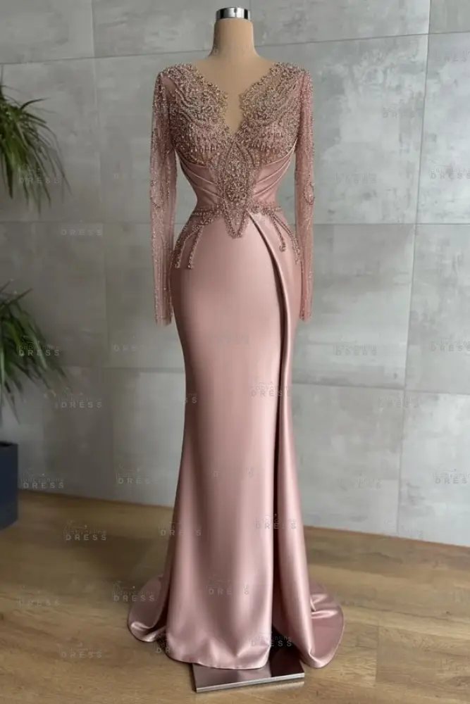 Gold Long sleeves Satin Mermaid V-neck Prom Dresses