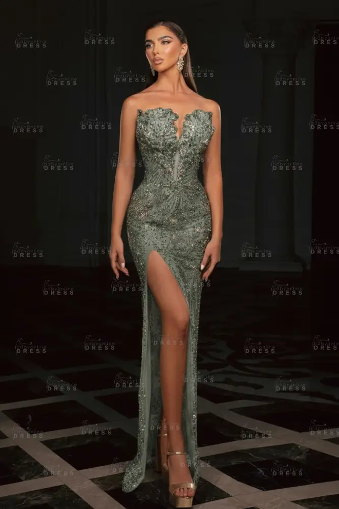 Gold Strapless Sequins Beading Split Front Column Prom Dresses