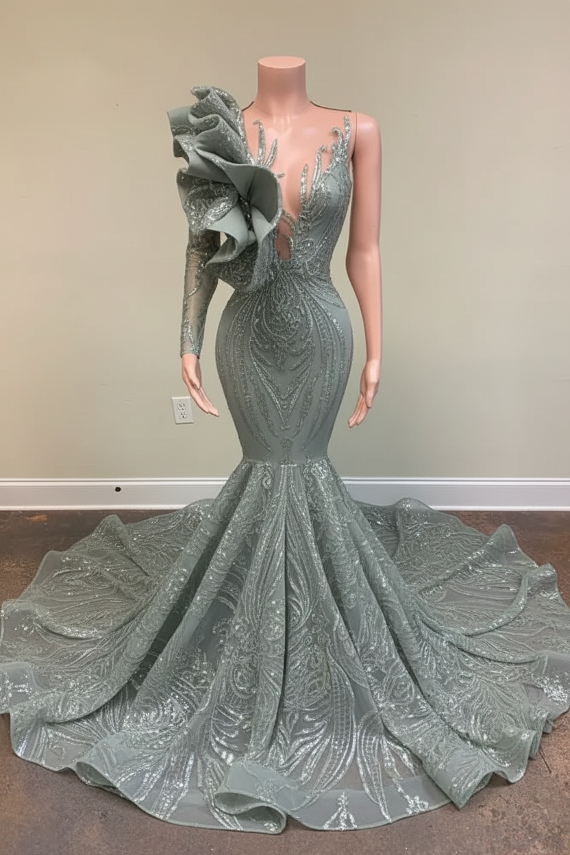 Chic Black Long Sleeve Asymmetrical Floor Length Mermaid Prom Dress