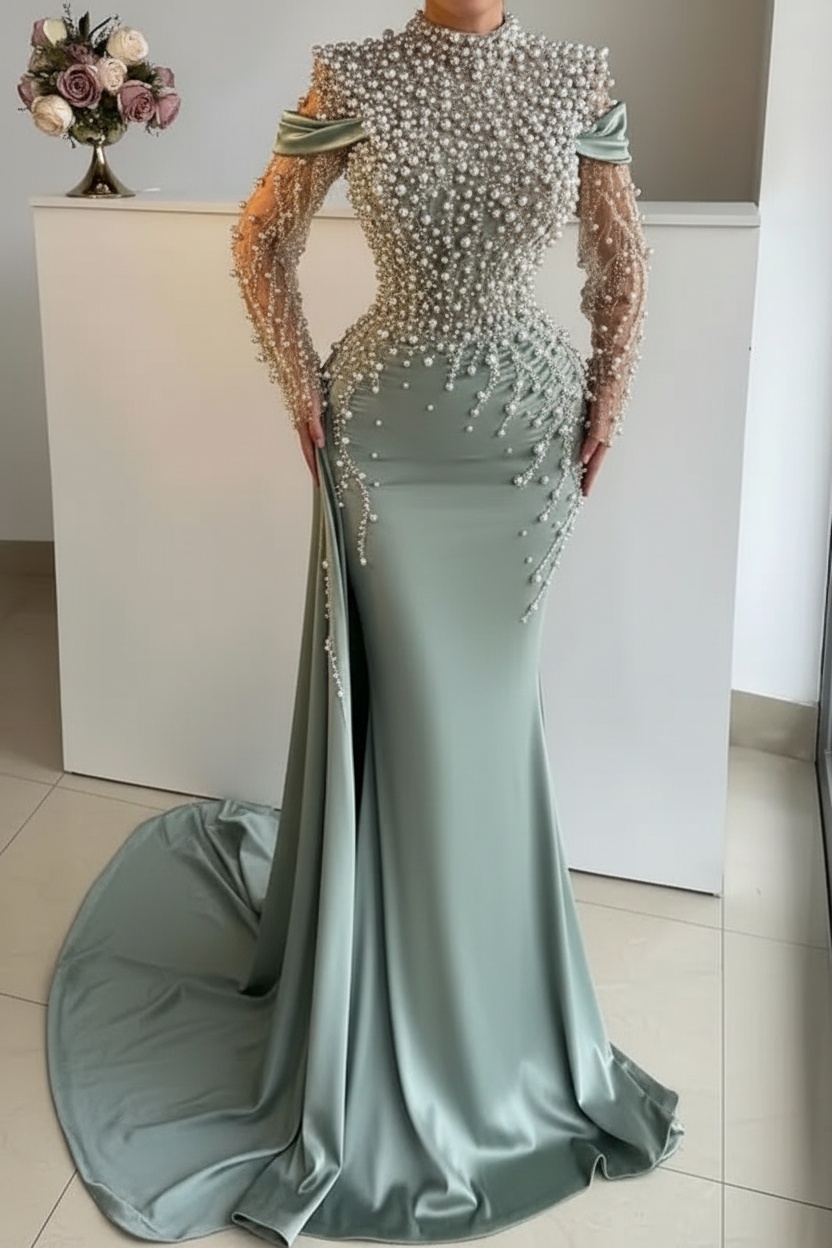 Unique High Neck Beading Long Sleeve Mermaid Prom Dresses