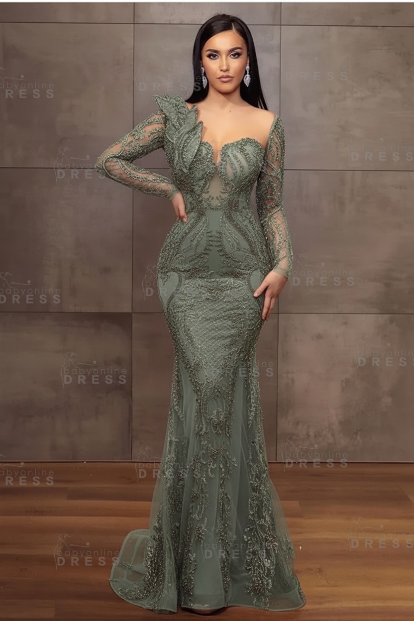 Stunning Burgundy Beadings Long Sleeves Mermaid Prom Dress