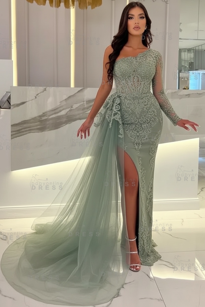 Sexy Sky blue One-shoulder Mermaid Prom Dress Tulle with High split