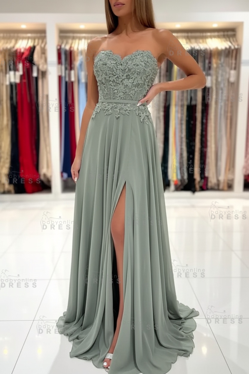 Sweetheart Strapless A-Line Chiffon Floor Length High Split Prom Dress