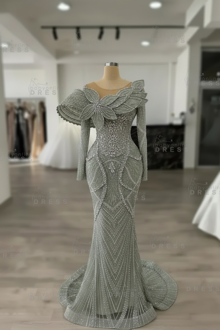 Luxury Crystals Long Sleeves Floor-Length Mermaid Prom Dress with Flowers 