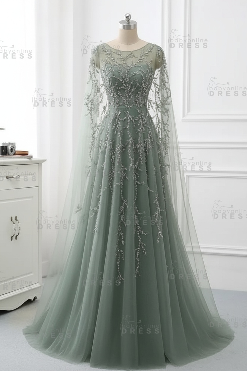 Elegant Jewel Long Sleeves Ruffle Prom Dresses with Beadings Online