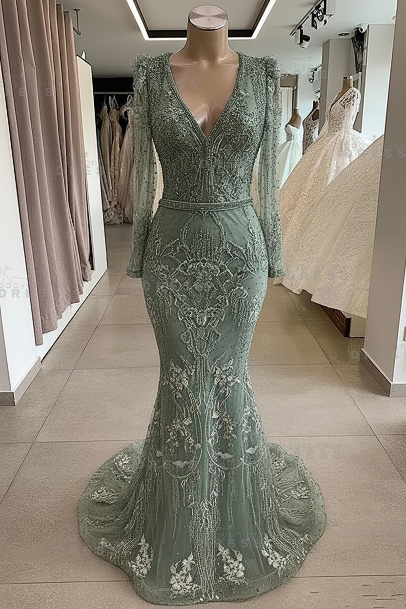 Gorgeous Mermaid Lace Beading V Neck Long Sleeves Prom Dresses | Evening Gowns With Beading Waistband