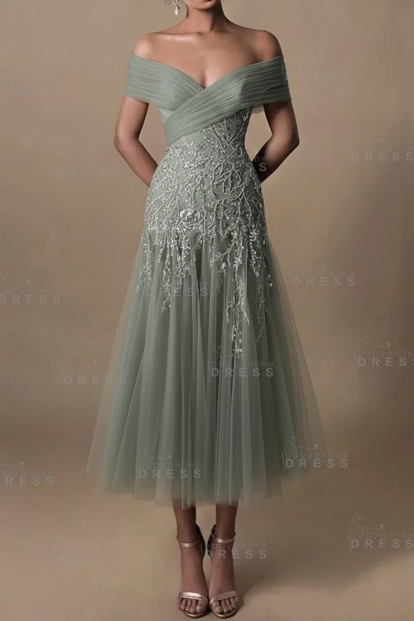 Champagne V-Neck A-Line Tea Length Prom Dress Tulle Mother of the Bride Dress