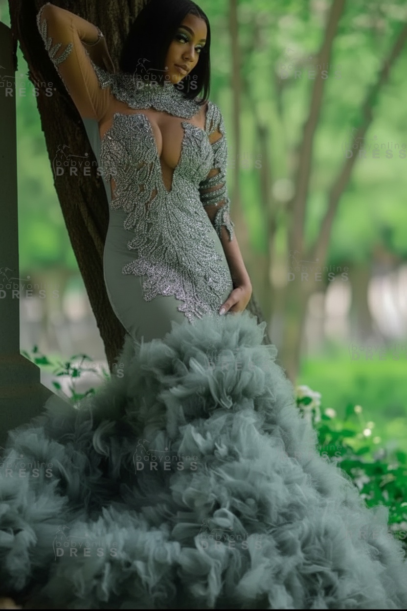 Glamorous Slim Mermaid Evening Gowns with sleeves Beadings Prom Dress